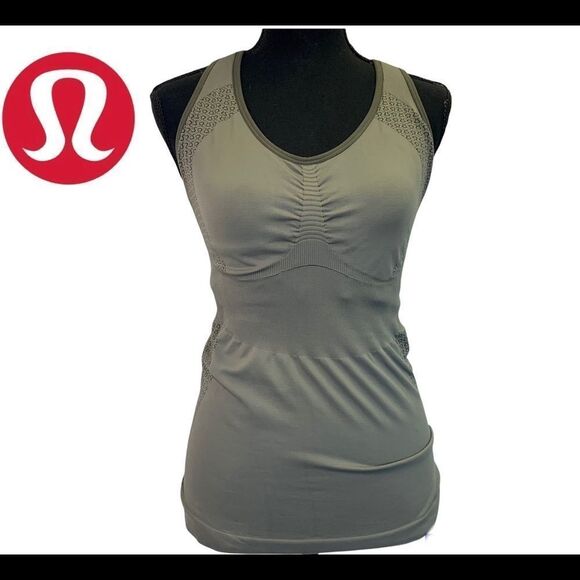 Lululemon HEARTBEAT TANK long ARMY GREEN side logo print - Picture 1 of 12